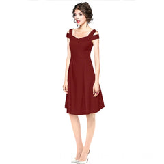 Mayawye Women's Polyester Solid V Neck Cap Sleeve off Shoulder Dress (Maroon)