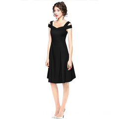 Mayawye Women's Polyester Solid V Neck Cap Sleeve off Shoulder Dress (Black)