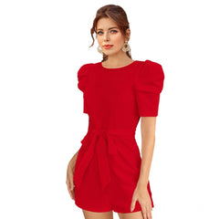 Mayawye Women's Knitting stretchable Solid Round Neck 3-4 Puff Sleeve Dress (Red )