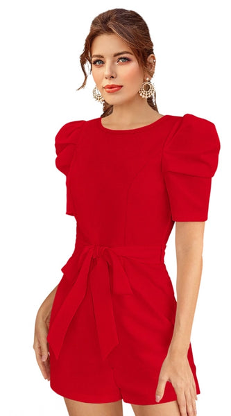 Mayawye Women's Knitting stretchable Solid Round Neck 3-4 Puff Sleeve Dress (Red )