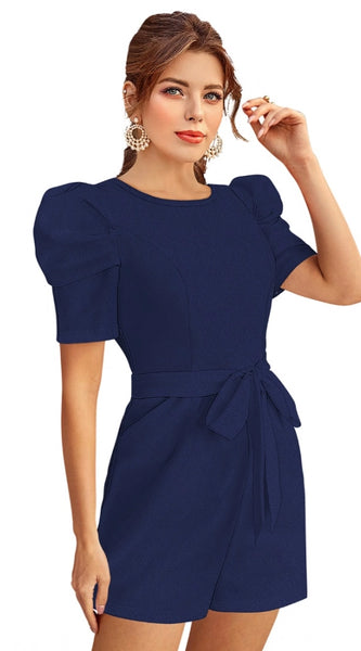 Mayawye Women's Knitting stretchable Solid Round Neck 3-4 Puff Sleeve Dress (Blue)