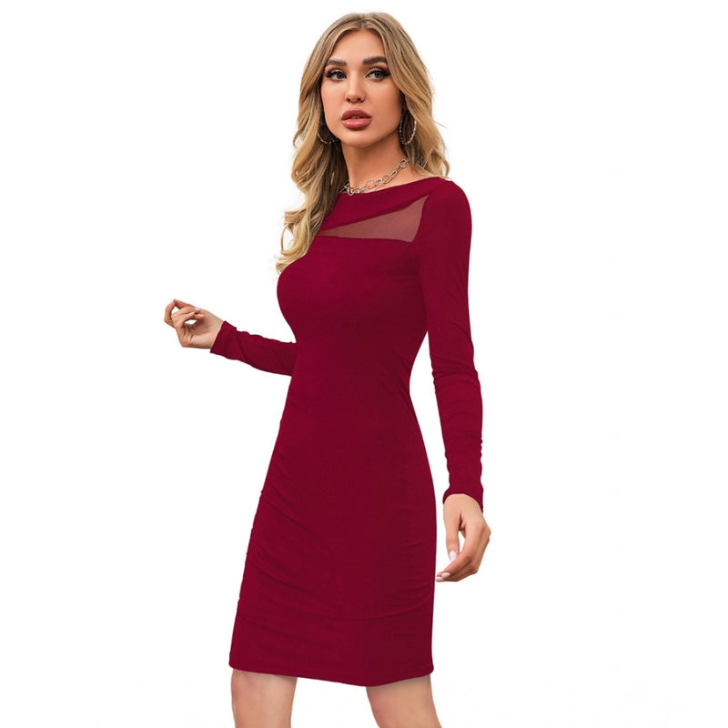 Mayawye Women's Knitting stretchable Solid Round Neck Full Sleeve Dress (Maroon)