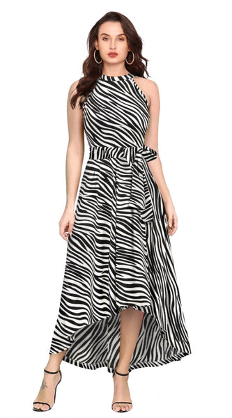 Mayawye Women's Polyester Zebra Pattern Halter Neck Sleeveless Dress (White)