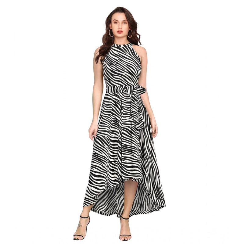 Mayawye Women's Polyester Zebra Pattern Halter Neck Sleeveless Dress (White)