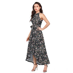 Mayawye Women's Polyester Printed Halter Neck Sleeveless Dress (Black)