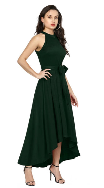 Mayawye Women's Polyster Solid Halter Neck Sleeveless Dress (Green)