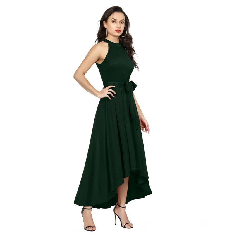 Mayawye Women's Polyster Solid Halter Neck Sleeveless Dress (Green)