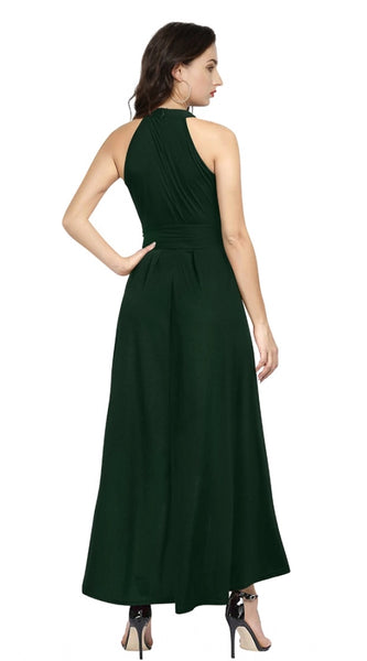 Mayawye Women's Polyster Solid Halter Neck Sleeveless Dress (Green)