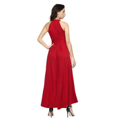 Mayawye Women's Polyster Solid Halter Neck Sleeveless Dress (Red)