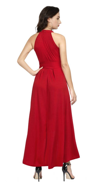 Mayawye Women's Polyster Solid Halter Neck Sleeveless Dress (Red)