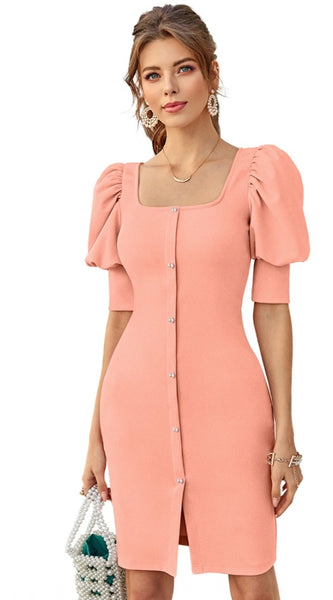 Mayawye Women's Knitting stretchable Solid Square Neck 3-4 Puff Sleeve Dress (Peach)