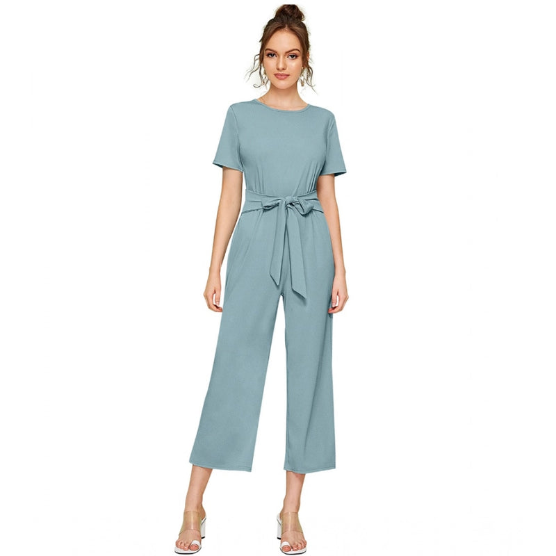 Mayawye Women's Knitting stretchable Solid Round Neck Cap Sleeve Jumpsuit (Pista )