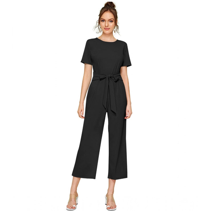 Mayawye Women's Knitting stretchable Solid Round Neck Cap Sleeve Jumpsuit (Black)