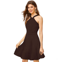 Mayawye Women's Knitting stretchable Solid Halter Neck Sleeveless Dress (Coffee)