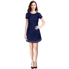Mayawye Women's Rasal Solid Round Neck Cap Sleeve Dress (Blue)