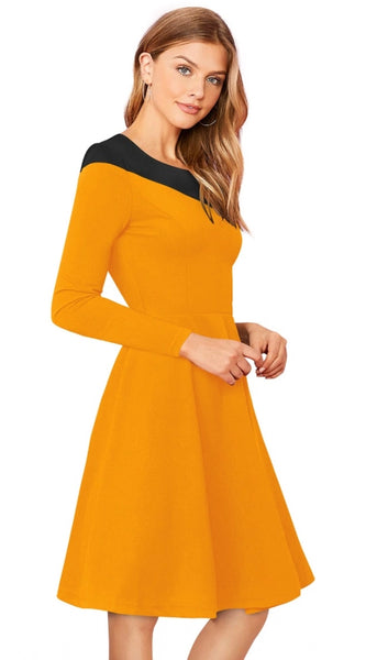 Mayawye Women's Knitting stretchable Solid Round Neck Full Sleeve Dress (Yellow)