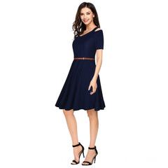 Mayawye Women's Polyester Solid V Neck Cap Sleeve Dress (Blue)
