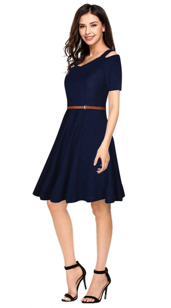 Mayawye Women's Polyester Solid V Neck Cap Sleeve Dress (Blue)