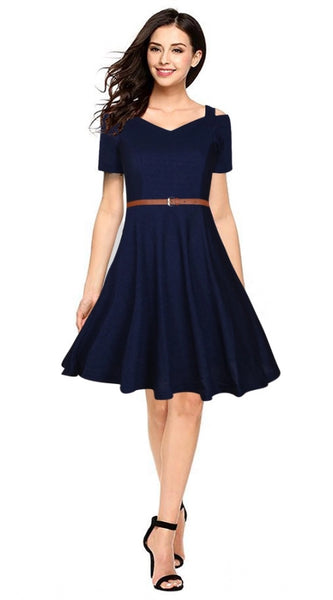 Mayawye Women's Polyester Solid V Neck Cap Sleeve Dress (Blue)