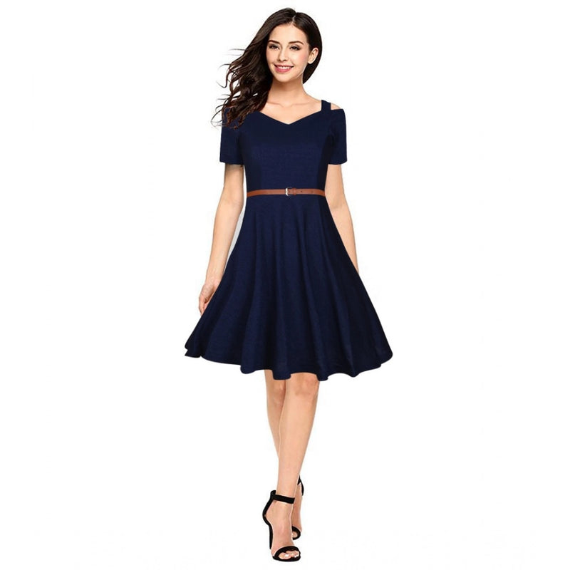 Mayawye Women's Polyester Solid V Neck Cap Sleeve Dress (Blue)