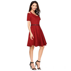 Mayawye Women's Polyester Solid V Neck Cap Sleeve Dress (Maroon)
