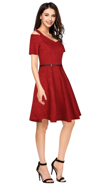 Mayawye Women's Polyester Solid V Neck Cap Sleeve Dress (Maroon)