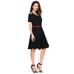 Mayawye Women's Polyester Solid V Neck Cap Sleeve Dress (Black)