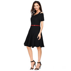 Mayawye Women's Polyester Solid V Neck Cap Sleeve Dress (Black)