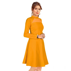Mayawye Women's Knitting stretchable Solid Round Neck Full Sleeve Dress (Yellow)