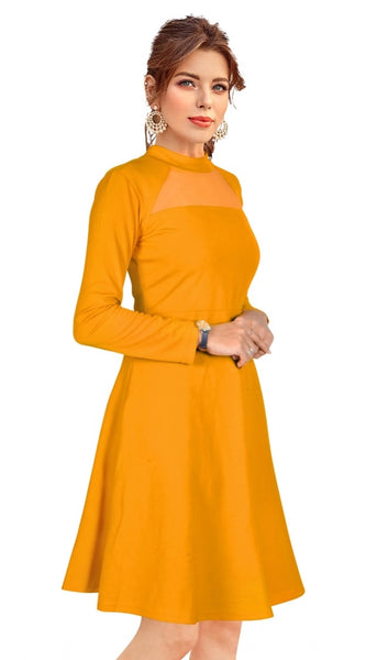 Mayawye Women's Knitting stretchable Solid Round Neck Full Sleeve Dress (Yellow)