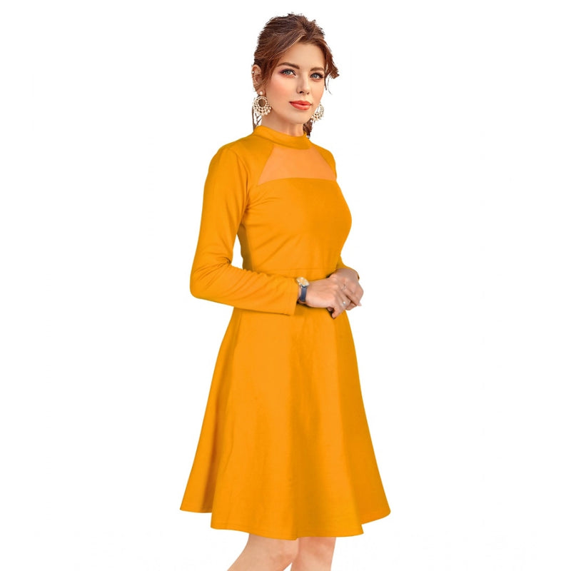 Mayawye Women's Knitting stretchable Solid Round Neck Full Sleeve Dress (Yellow)
