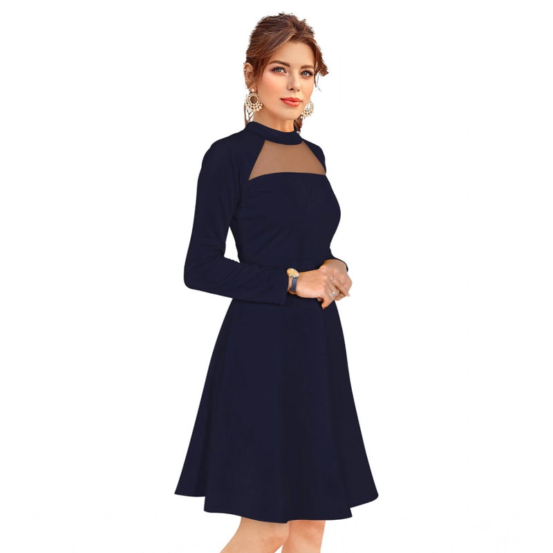 Mayawye Women's Knitting stretchable Solid Round Neck Full Sleeve Dress (Blue)