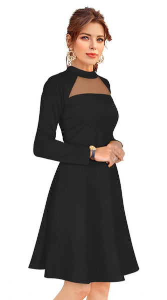 Mayawye Women's Knitting stretchable Solid Round Neck Full Sleeve Dress (Black)