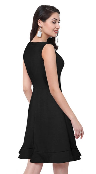 Mayawye Women's Polyester Solid Round Neck Sleeveless Dress (Black)