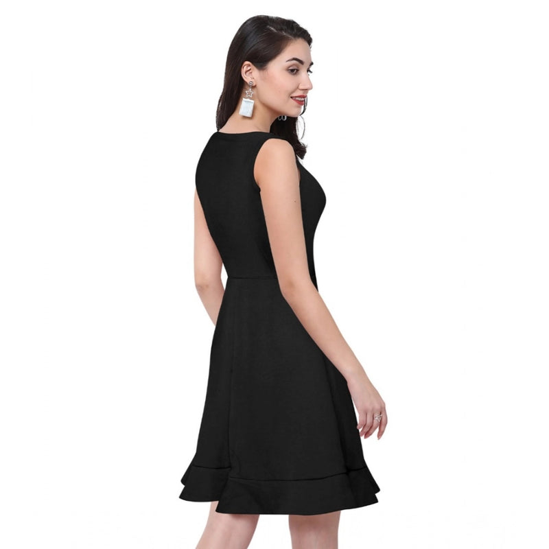 Mayawye Women's Polyester Solid Round Neck Sleeveless Dress (Black)