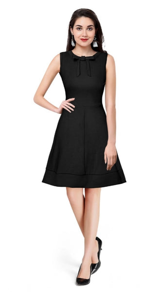 Mayawye Women's Polyester Solid Round Neck Sleeveless Dress (Black)