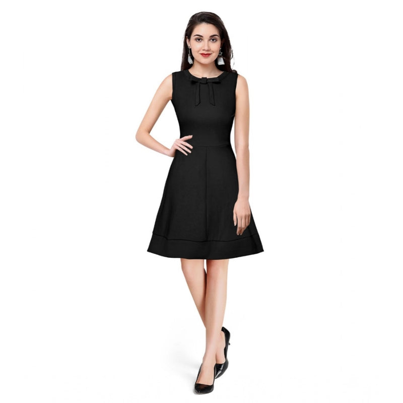Mayawye Women's Polyester Solid Round Neck Sleeveless Dress (Black)