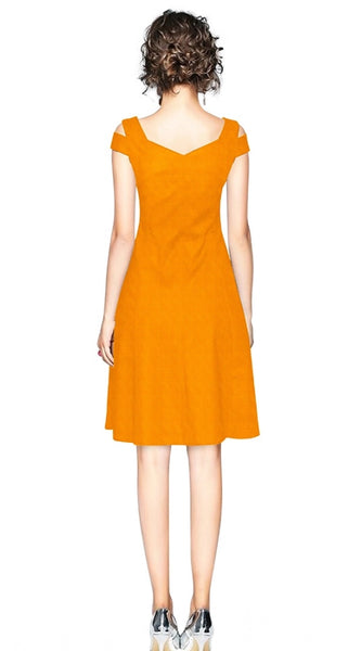 Mayawye Women's Polyester Solid V Neck Cap Sleeve off Shoulder Dress (Yellow)