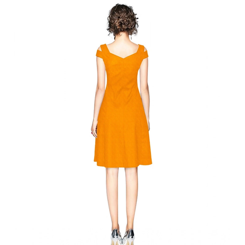 Mayawye Women's Polyester Solid V Neck Cap Sleeve off Shoulder Dress (Yellow)