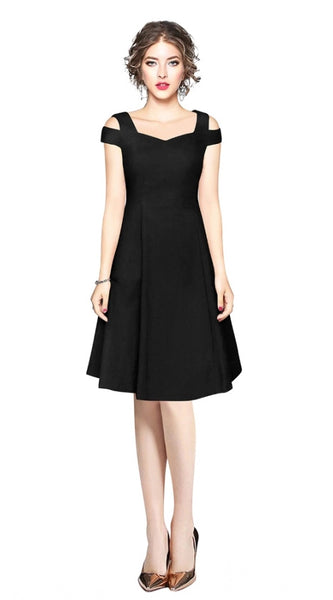 Mayawye Women's Polyester Solid V Neck Cap Sleeve off Shoulder Dress (Black)