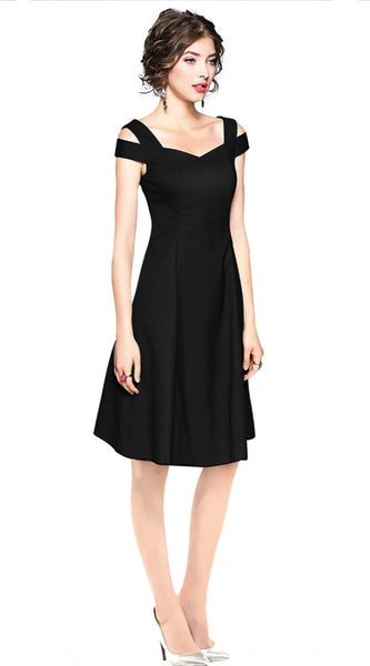 Mayawye Women's Polyester Solid V Neck Cap Sleeve off Shoulder Dress (Black)