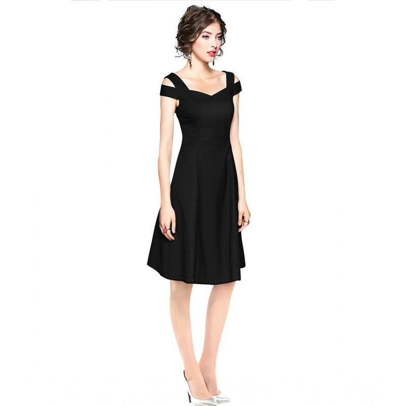 Mayawye Women's Polyester Solid V Neck Cap Sleeve off Shoulder Dress (Black)