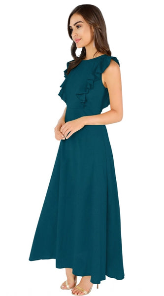Mayawye Women's Knitting stretchable Solid Round Neck Ruffled Sleeve Dress (Morpich)