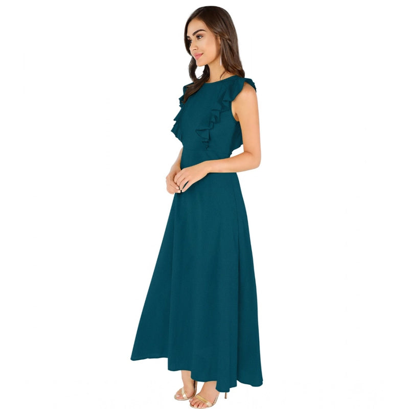 Mayawye Women's Knitting stretchable Solid Round Neck Ruffled Sleeve Dress (Morpich)