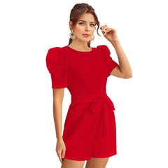 Mayawye Women's Knitting stretchable Solid Round Neck 3-4 Puff Sleeve Dress (Red )