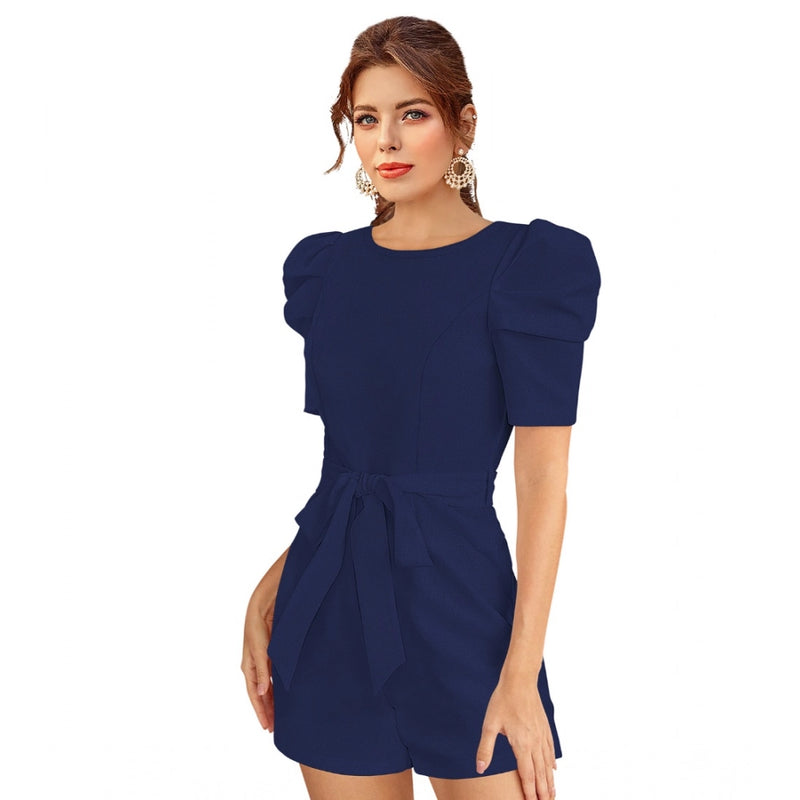 Mayawye Women's Knitting stretchable Solid Round Neck 3-4 Puff Sleeve Dress (Blue)