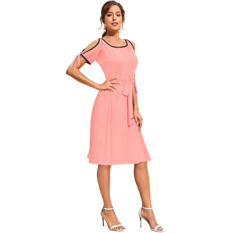 Mayawye Women's Knitting stretchable Solid Round Neck Sleeveless Dress (Peach)