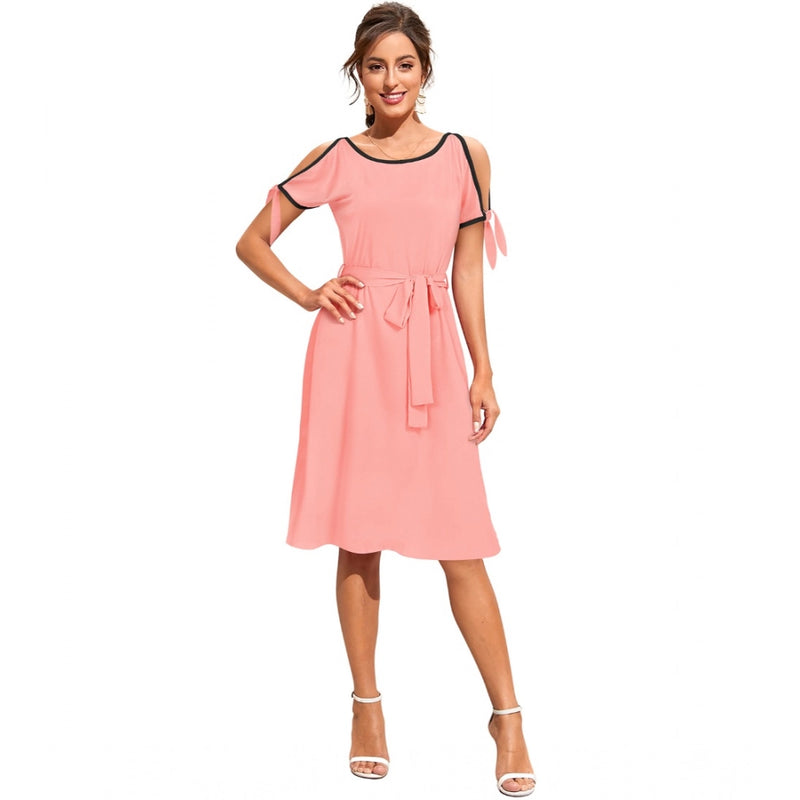 Mayawye Women's Knitting stretchable Solid Round Neck Sleeveless Dress (Peach)