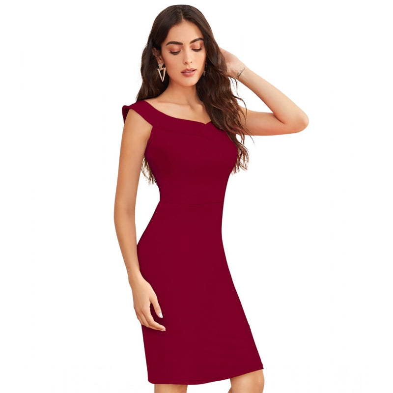 Mayawye Women's Knitting stretchable Solid Round Neck Sleeveless Dress (Maroon)