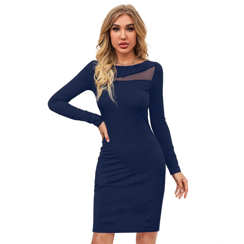 Mayawye Women's Knitting stretchable Solid Round Neck Full Sleeve Dress (Blue )